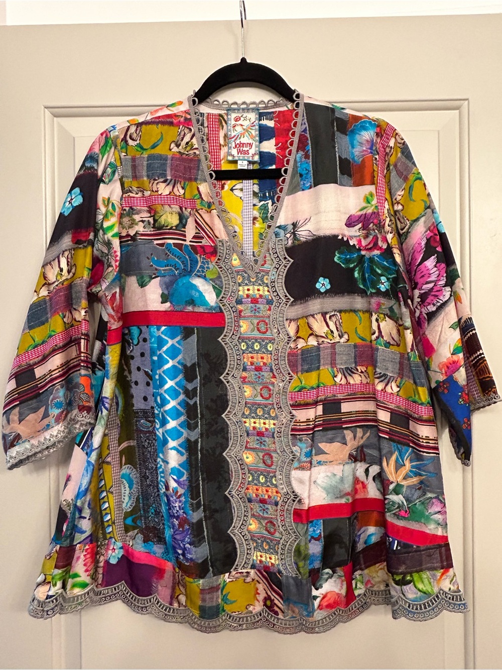 Johnny Was Multicolor Floral Patchwork V-Neck Tunic
